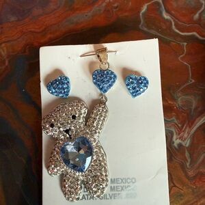 Sparkling Silver and Blue Bear Brooch Set